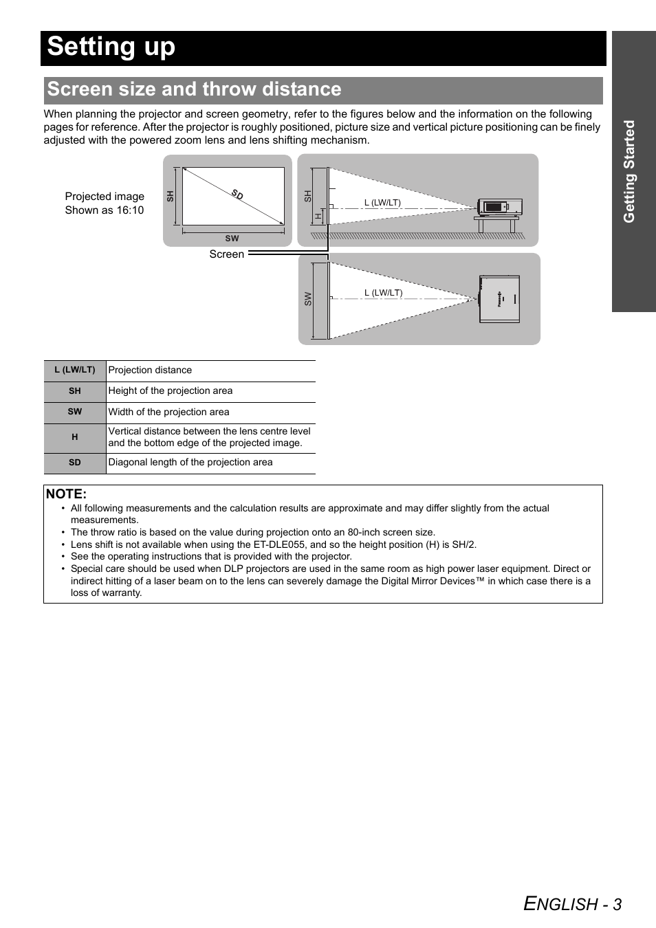 Setting up, Screen size and throw distance, Nglish - 3 | Getting started | Panasonic PT-DZ6710 User Manual | Page 3 / 52