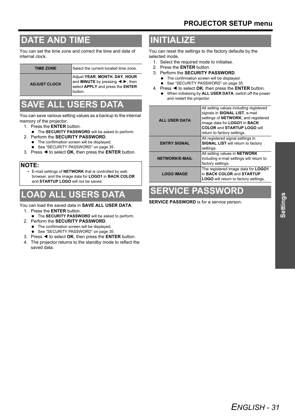 Date and time, Save all users data, Load all users data | Initialize, Service password, Load all users data initialize, Nglish - 31, Projector setup menu, Settings | Panasonic PT-DZ6710 User Manual | Page 31 / 52