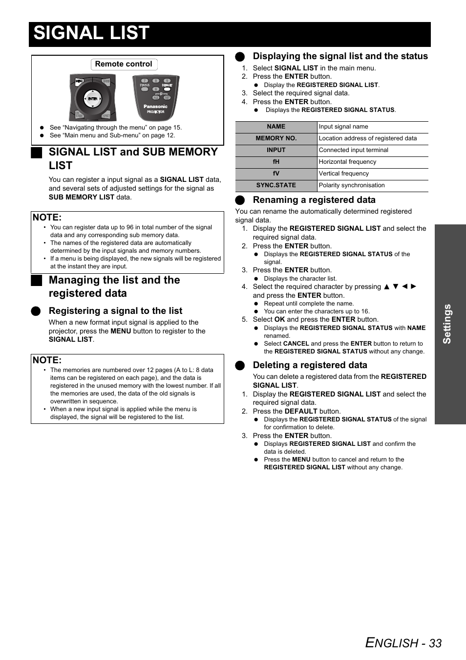 Signal list, Nglish - 33, Jmanaging the list and the registered data | Settings, Qregistering a signal to the list, Qdisplaying the signal list and the status, Qrenaming a registered data, Qdeleting a registered data | Panasonic PT-DZ6710 User Manual | Page 33 / 52