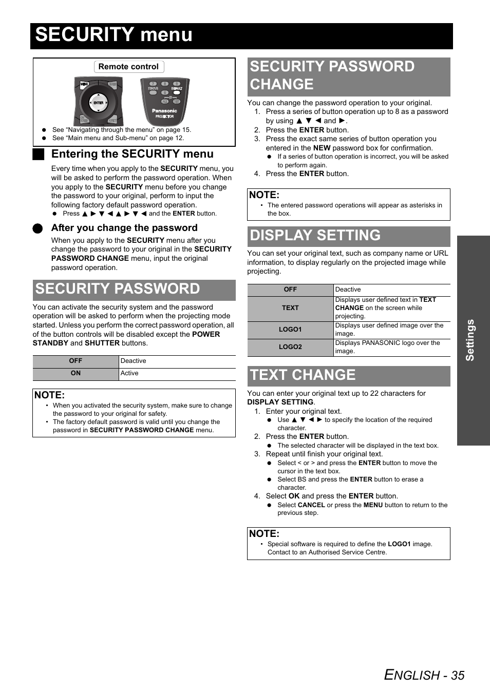Security menu, Security password, Security password change | Display setting, Text change, Nglish - 35, Jentering the security menu, Settings, Qafter you change the password | Panasonic PT-DZ6710 User Manual | Page 35 / 52