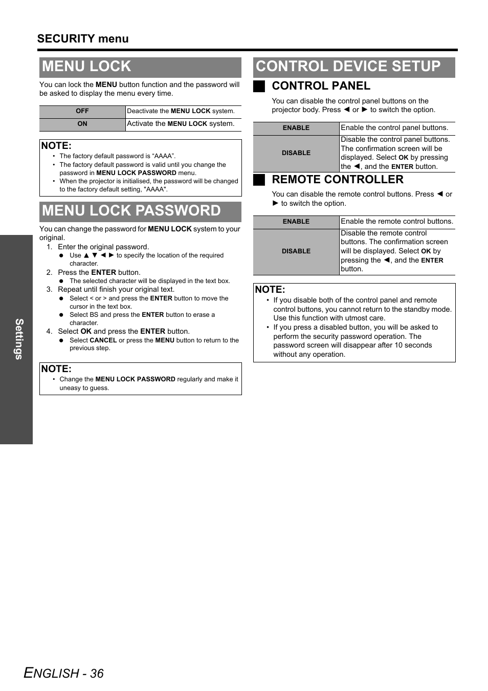 Menu lock, Menu lock password, Control device setup | Menu lock menu lock password control device setup, Nglish - 36, Security menu, Jcontrol panel, Jremote controller, Settings | Panasonic PT-DZ6710 User Manual | Page 36 / 52