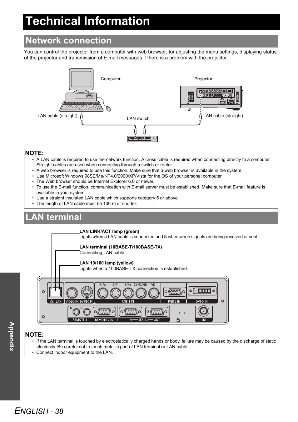 Technical information, Network connection, Lan terminal | Network connection lan terminal, Nglish - 38 | Panasonic PT-DZ6710 User Manual | Page 38 / 52