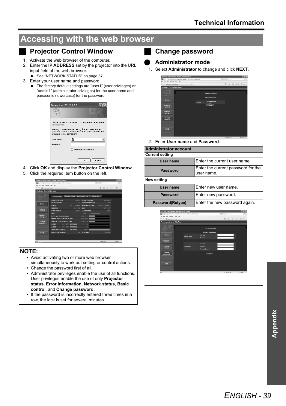 Accessing with the web browser, Nglish - 39, Technical information | Jprojector control window, Jchange password, Appendix | Panasonic PT-DZ6710 User Manual | Page 39 / 52