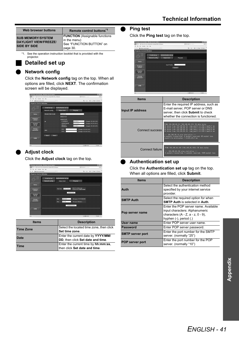 Nglish - 41, Technical information, Jdetailed set up | Appendix, Qnetwork config, Qadjust clock, Qping test, Qauthentication set up | Panasonic PT-DZ6710 User Manual | Page 41 / 52