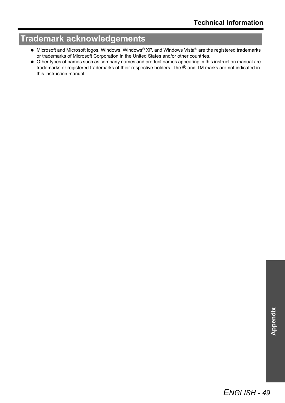 Trademark acknowledgements, Nglish - 49, Technical information | Panasonic PT-DZ6710 User Manual | Page 49 / 52