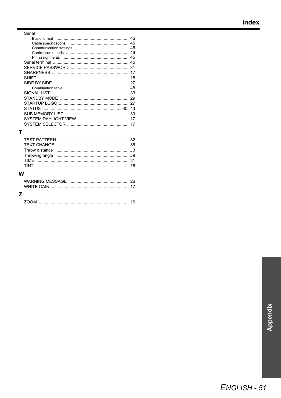 Nglish - 51, Index, Appendix | Panasonic PT-DZ6710 User Manual | Page 51 / 52