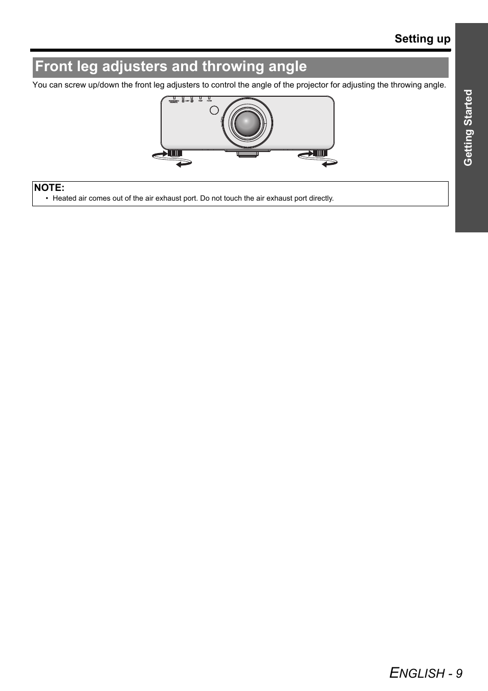 Front leg adjusters and throwing angle, Nglish - 9, Setting up | Getting started | Panasonic PT-DZ6710 User Manual | Page 9 / 52