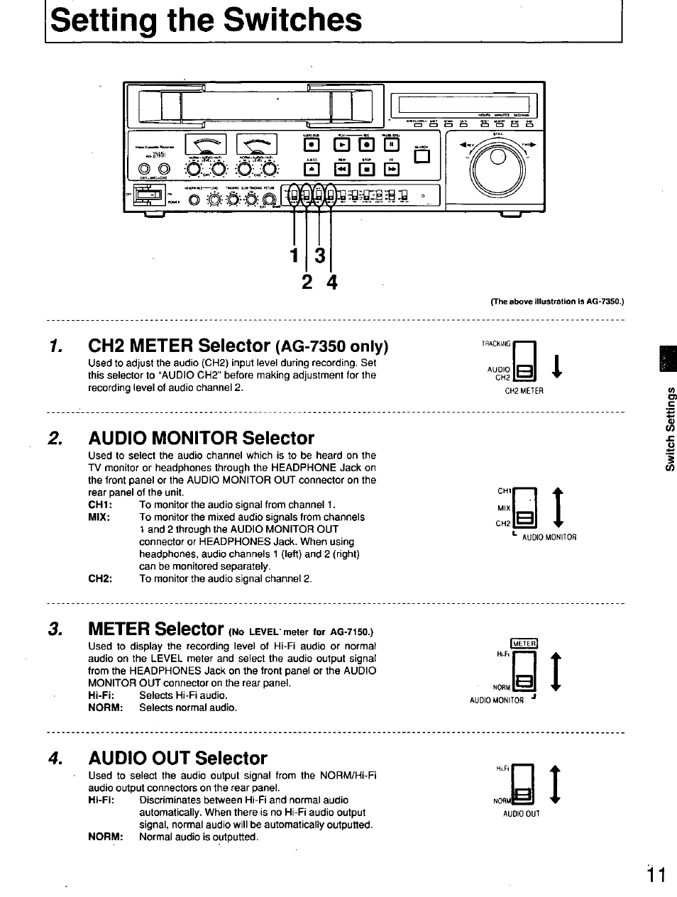 Setting the switches, Ch2 meter selector (ag-7350 only), Audio monitor selector | Audio out selector, Ch2 meter selector, Only), Audio moniter selector, Meter selector | Panasonic AG7150 User Manual | Page 11 / 52