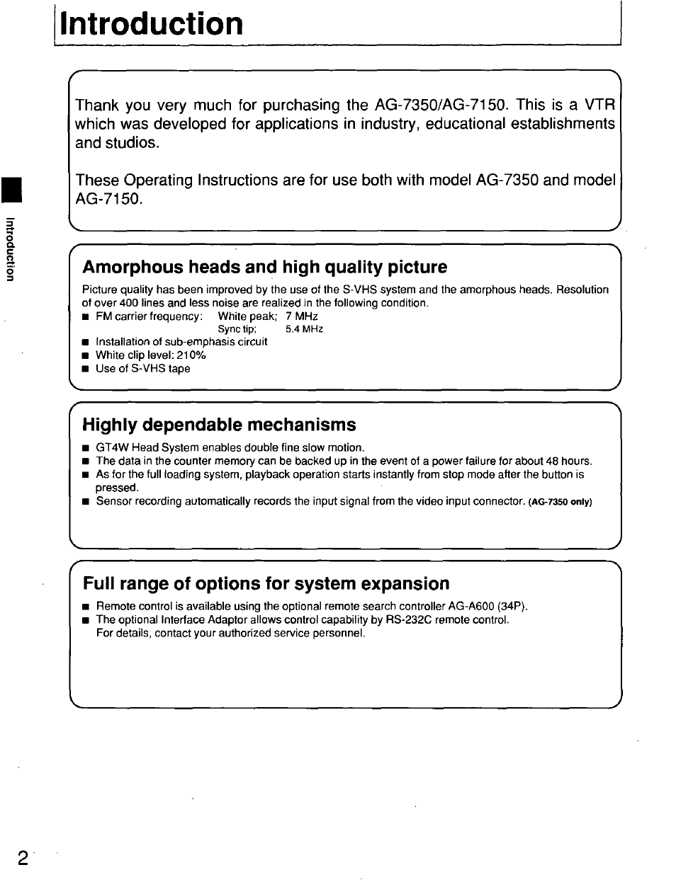 Introduction, Amorphous heads and high quality picture, Highly dependable mechanisms | Full range of options for system expansion | Panasonic AG7150 User Manual | Page 2 / 52