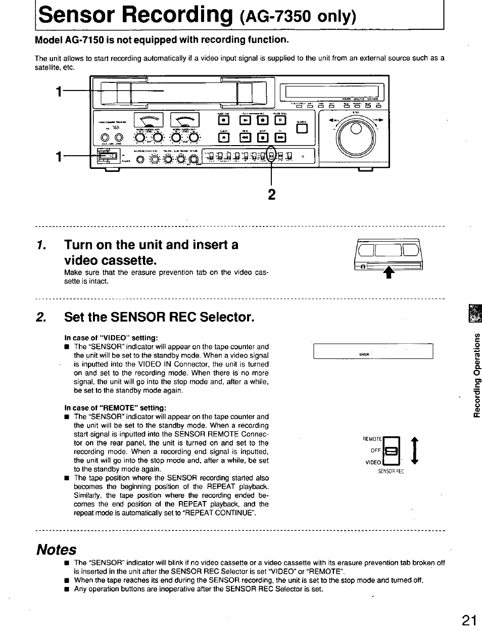 Turn on the unit and insert a video cassette, Set the sensor rec selector, Sensor recording | Only), Tsso | Panasonic AG7150 User Manual | Page 21 / 52