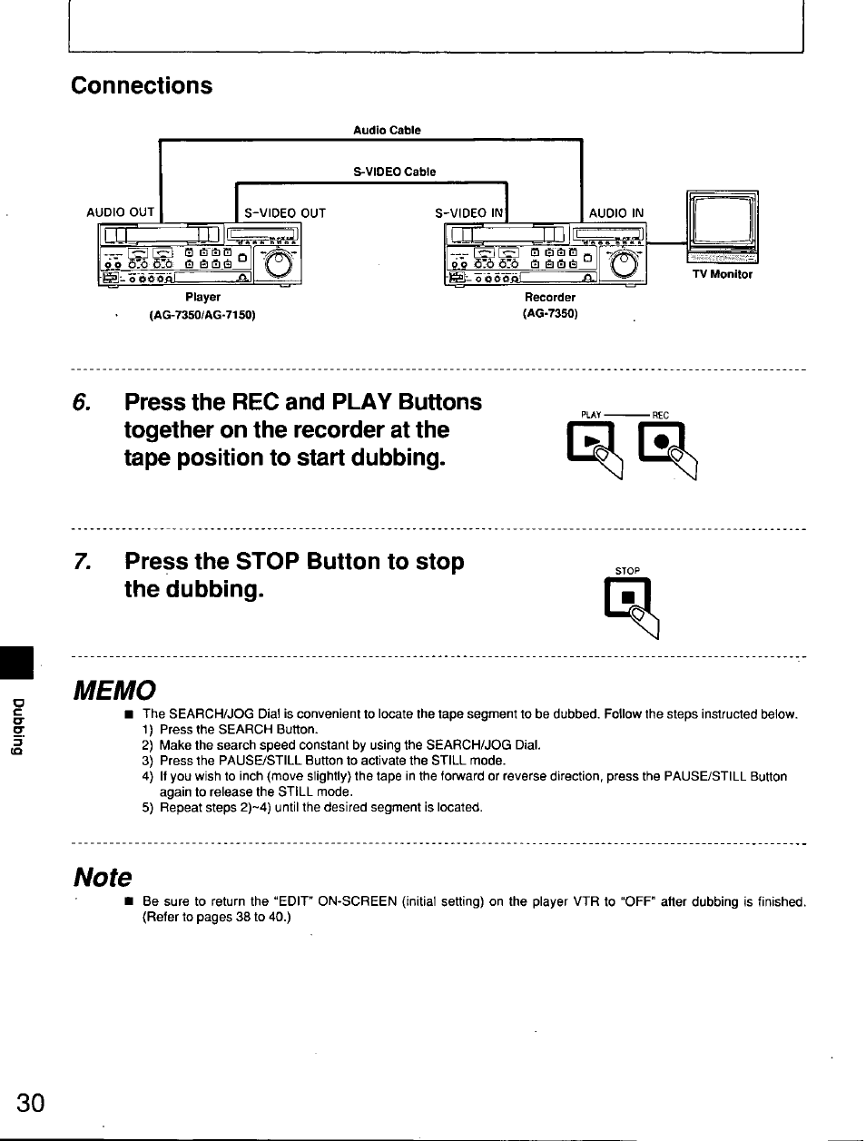 Connections, Press the stop button to stop the dubbing | Panasonic AG7150 User Manual | Page 30 / 52