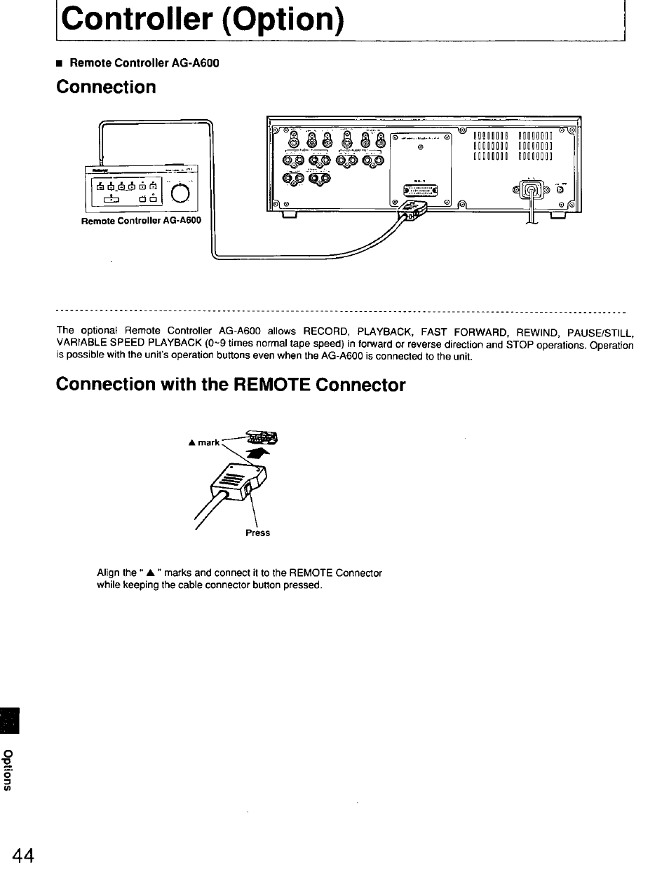 Controller (option), Connection, Connection with the remote connector | Panasonic AG7150 User Manual | Page 44 / 52