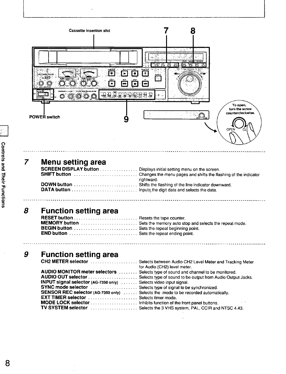 7 menu setting area, 8 function setting area, 9 function setting area | 7menu setting area, 8function setting area, 9function setting area | Panasonic AG7150 User Manual | Page 8 / 52