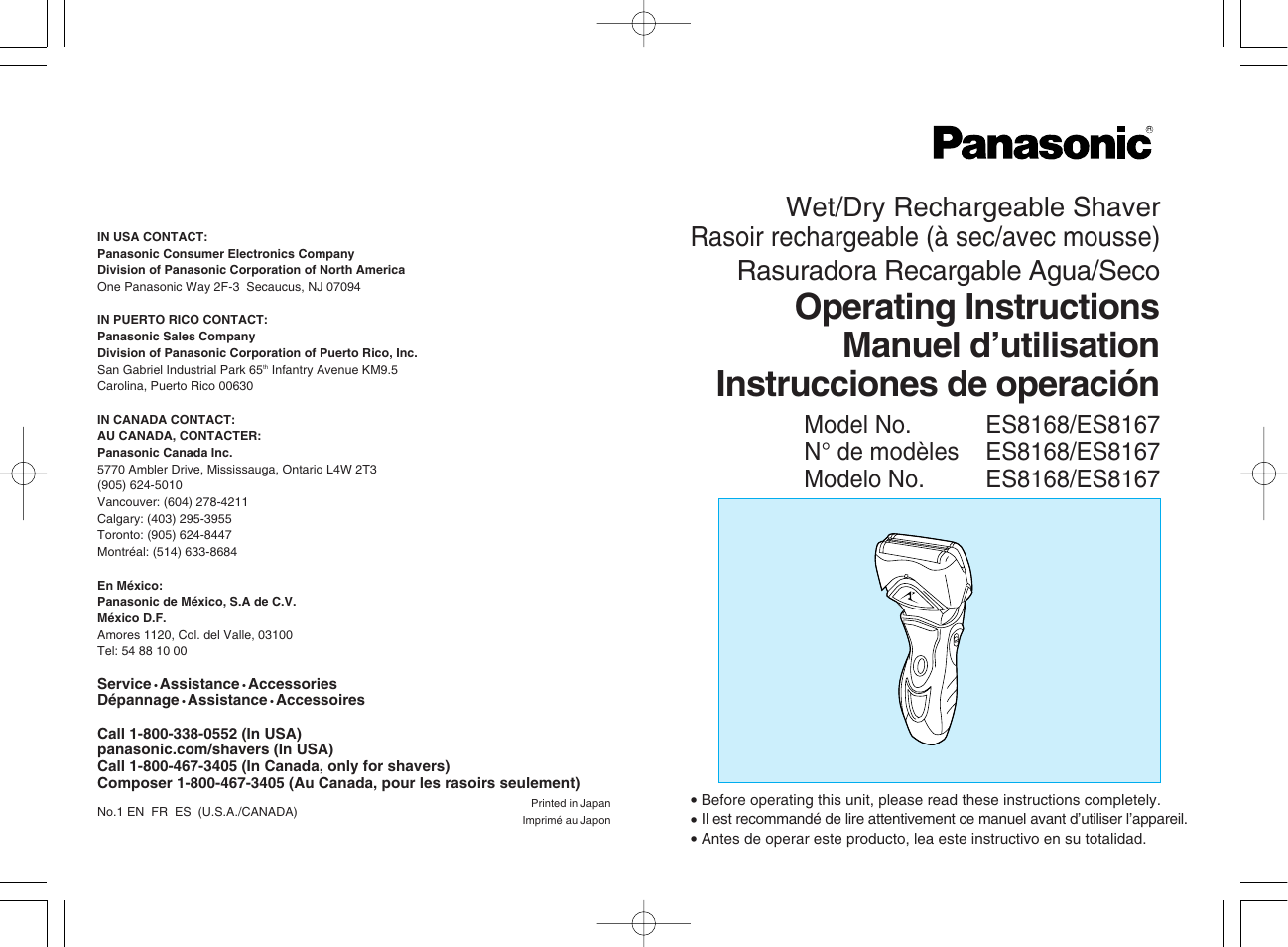 Panasonic ES8168 User Manual | 20 pages