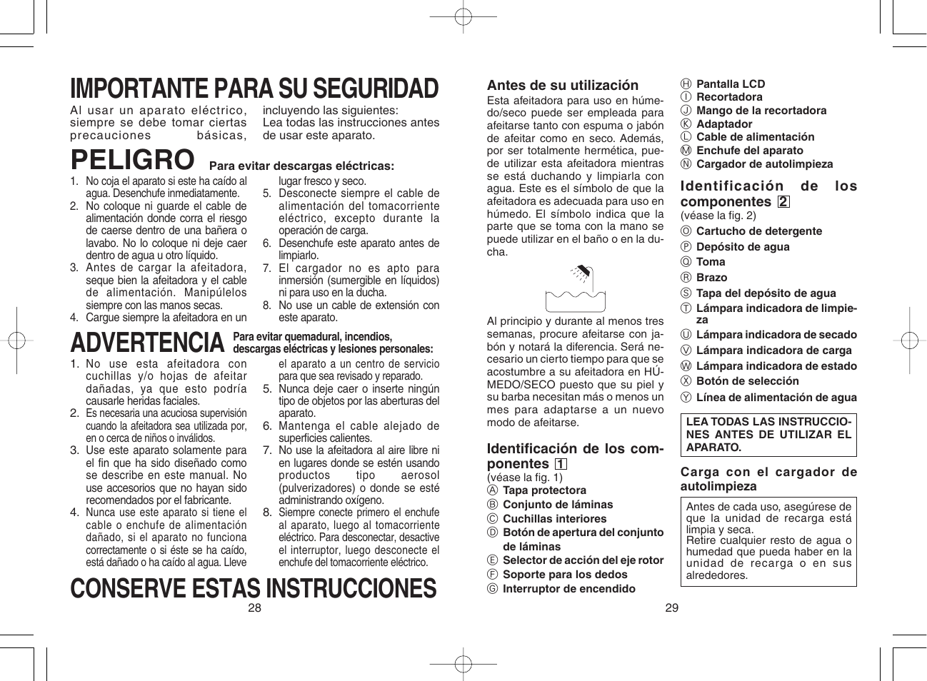 Espanol, Importante para su seguridad, Peligro | Advertencia, Conserve estas instrucciones | Panasonic ES8168 User Manual | Page 15 / 20