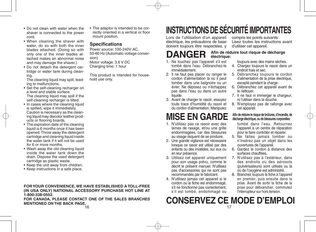 Francais, Instructions de sécurité importantes, Danger | Mise en garde, Conservez ce mode d’emploi | Panasonic ES8168 User Manual | Page 9 / 20