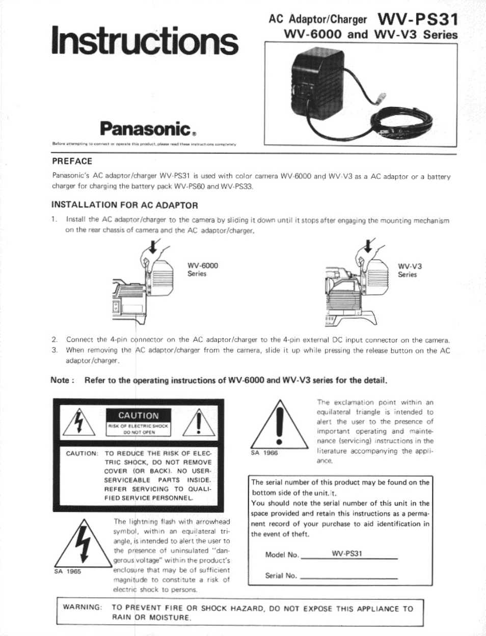 Panasonic WV-V3 User Manual | 2 pages