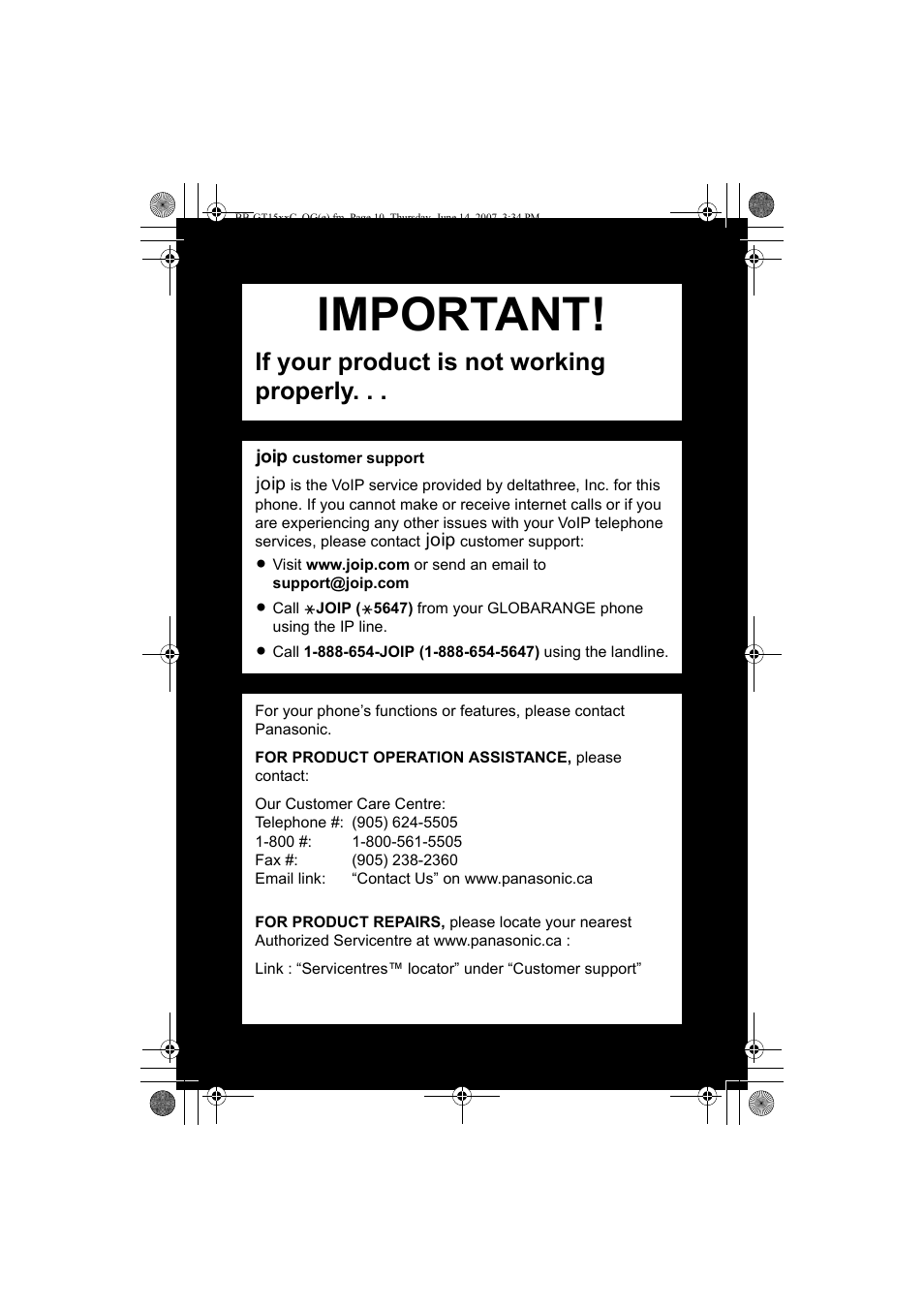 Important, If your product is not working properly | Panasonic BB-GT1500 User Manual | Page 10 / 10