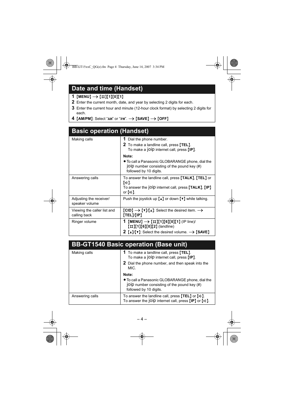 Date and time (handset), Basic operation (handset), Bb-gt1540 basic operation (base unit) | Panasonic BB-GT1500 User Manual | Page 4 / 10