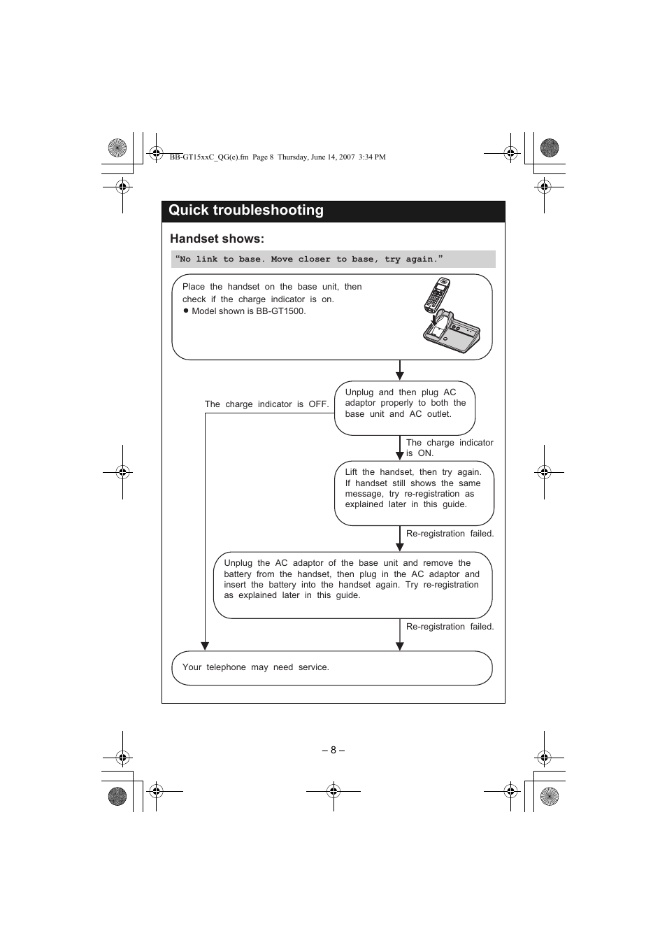 Quick troubleshooting, Handset shows | Panasonic BB-GT1500 User Manual | Page 8 / 10