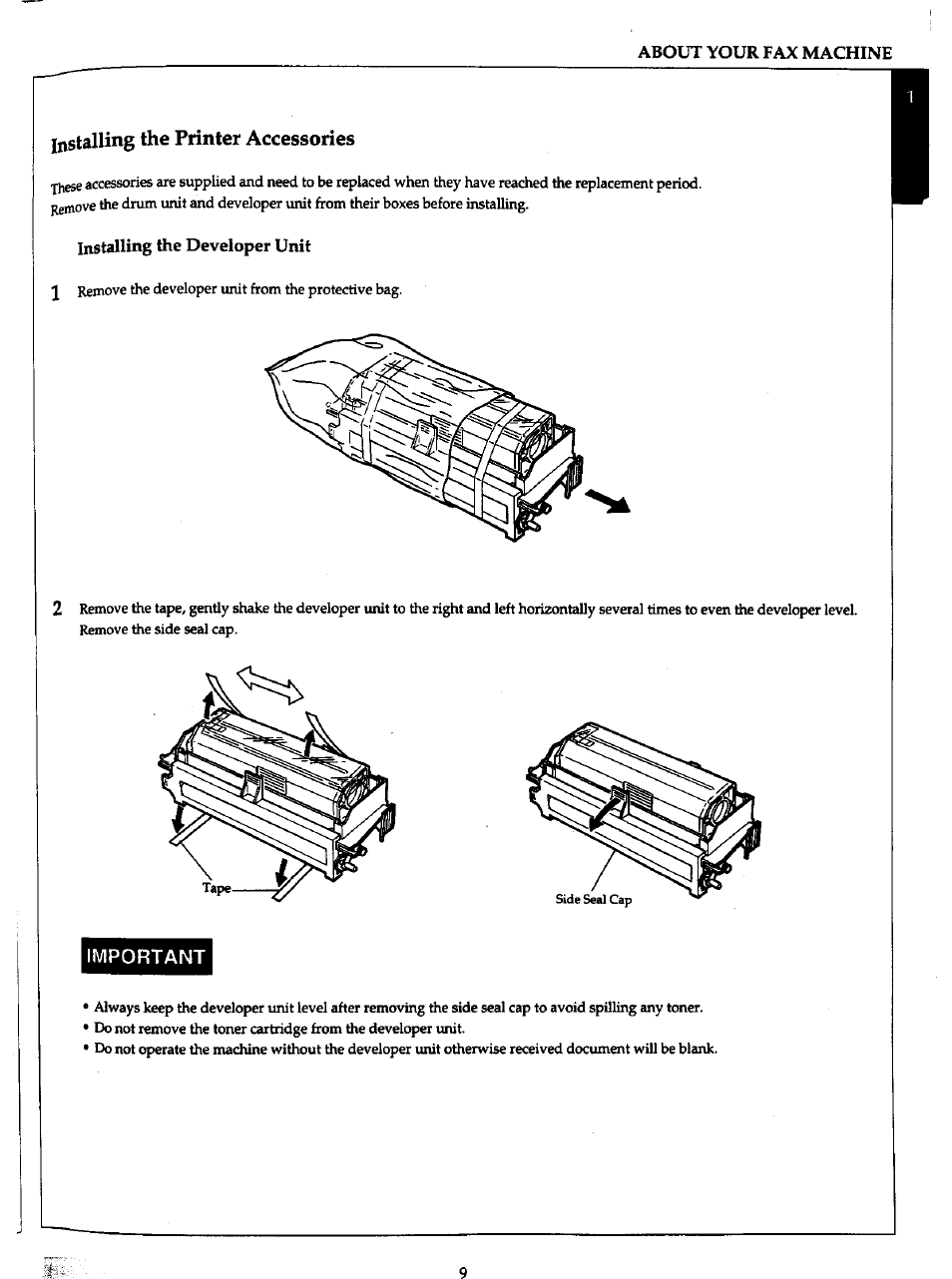 Installing the developer unit, Installing the printer accessories | Panasonic Panafax UF-766 User Manual | Page 17 / 142