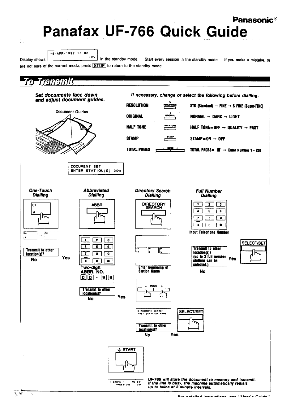 Panafax uf-766 quick guide, Panasonic | Panasonic Panafax UF-766 User Manual | Page 3 / 142