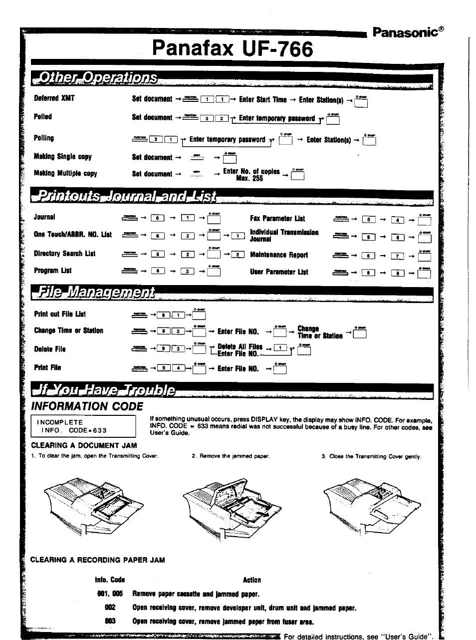Co ->n, Panafax uf-766, Panasonic | Information code | Panasonic Panafax UF-766 User Manual | Page 4 / 142