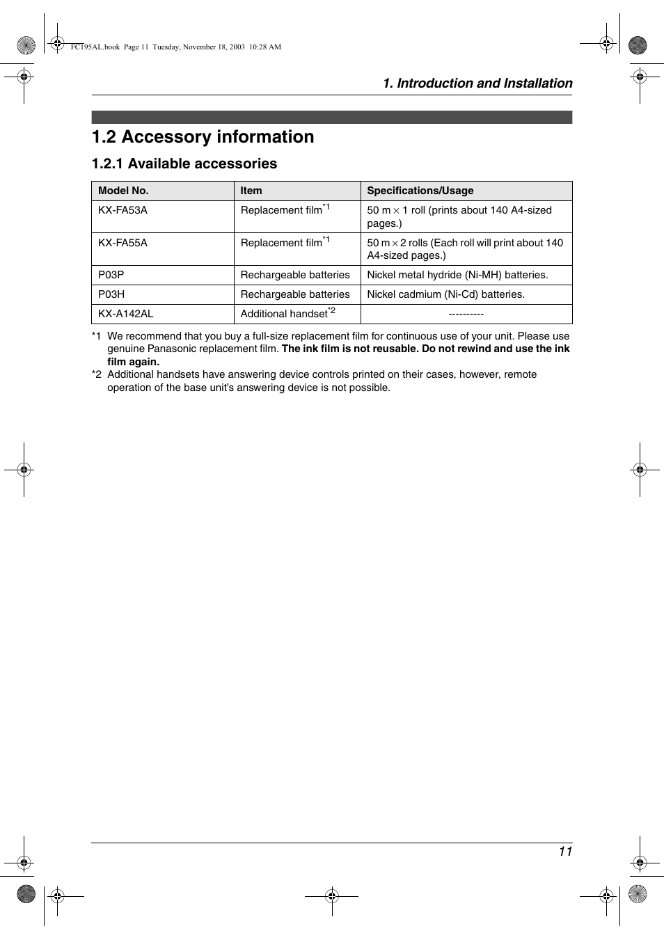 2 accessory information, Accessory information, 2 accessory information | 1 available accessories, Introduction and installation 11 | Panasonic KX-FC195AL User Manual | Page 13 / 86