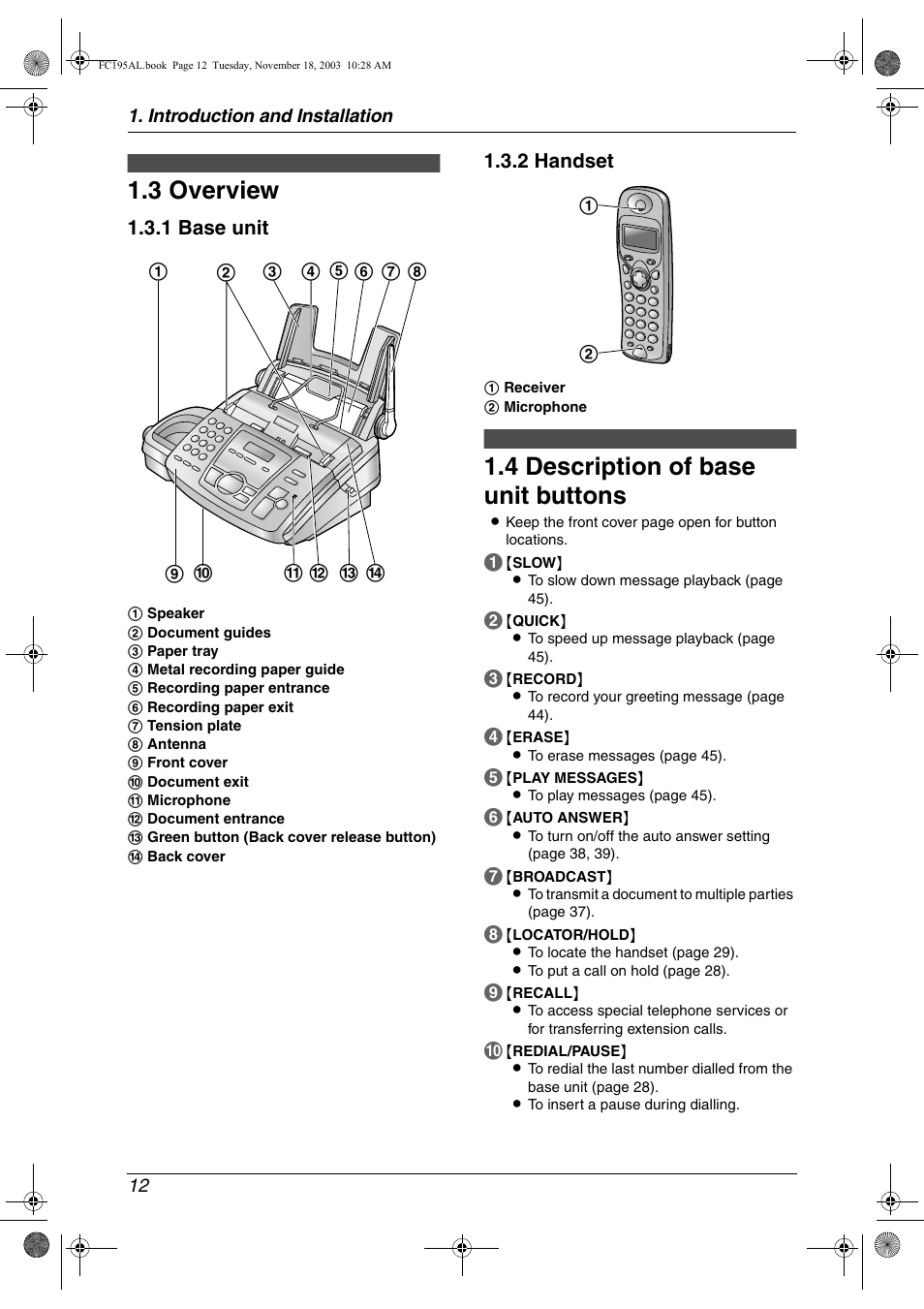 Finding the controls, 3 overview, 4 description of base unit buttons | Overview, Description of base unit buttons, 3 overview, 4 description of base unit buttons, 1 base unit 1.3.2 handset | Panasonic KX-FC195AL User Manual | Page 14 / 86