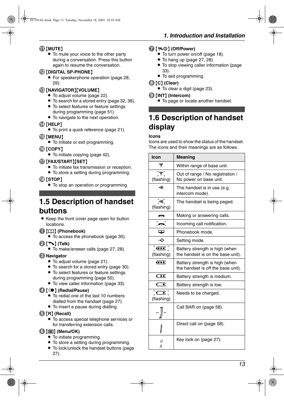 5 description of handset buttons, 6 description of handset display, Description of handset buttons | Description of handset display, 5 description of handset buttons, 6 description of handset display | Panasonic KX-FC195AL User Manual | Page 15 / 86