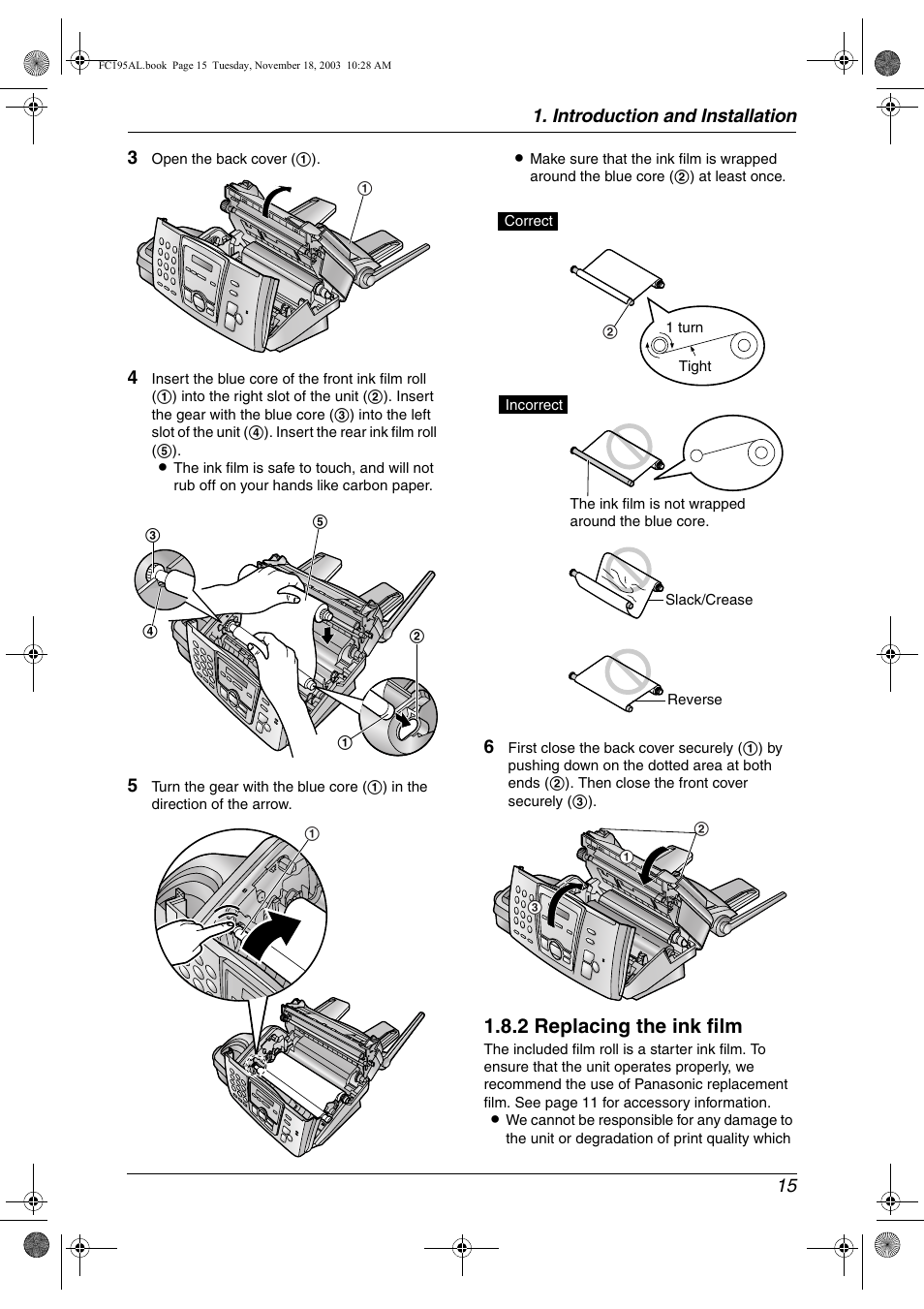 2 replacing the ink film, Introduction and installation 15 3 | Panasonic KX-FC195AL User Manual | Page 17 / 86