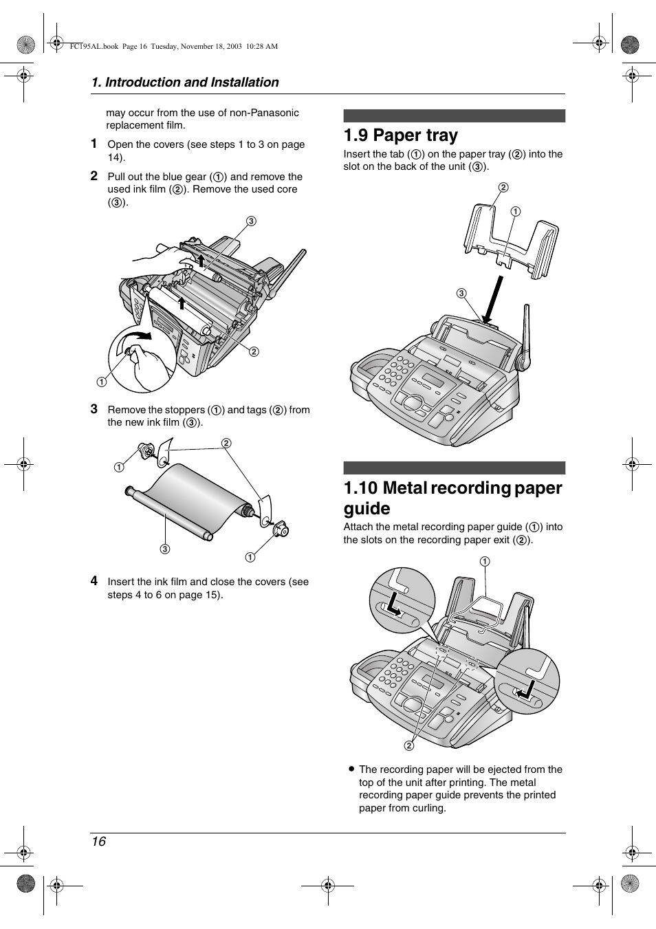 9 paper tray, 10 metal recording paper guide, Paper tray | Metal recording paper guide, 9 paper tray, 10 metal recording paper guide | Panasonic KX-FC195AL User Manual | Page 18 / 86
