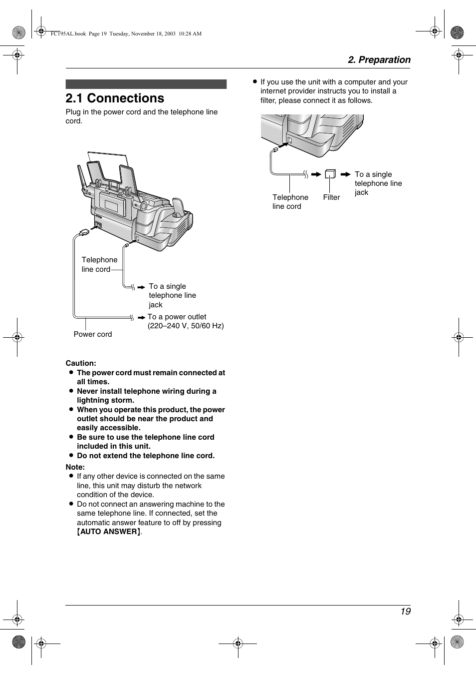 Preparation, Connections and setup, 1 connections | Connections, 1 connections, Preparation 19 | Panasonic KX-FC195AL User Manual | Page 21 / 86