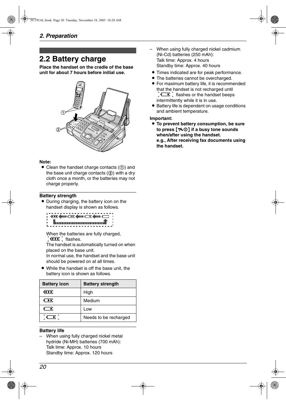 2 battery charge, Help button, Battery charge | 2 battery charge, Preparation 20 | Panasonic KX-FC195AL User Manual | Page 22 / 86