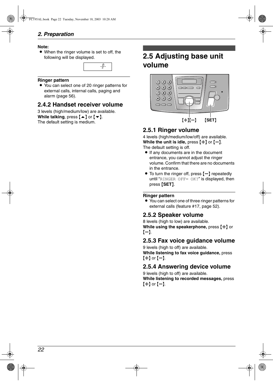 5 adjusting base unit volume, Adjusting base unit volume, 5 adjusting base unit volume | 2 handset receiver volume, 1 ringer volume, 2 speaker volume, 3 fax voice guidance volume, 4 answering device volume | Panasonic KX-FC195AL User Manual | Page 24 / 86
