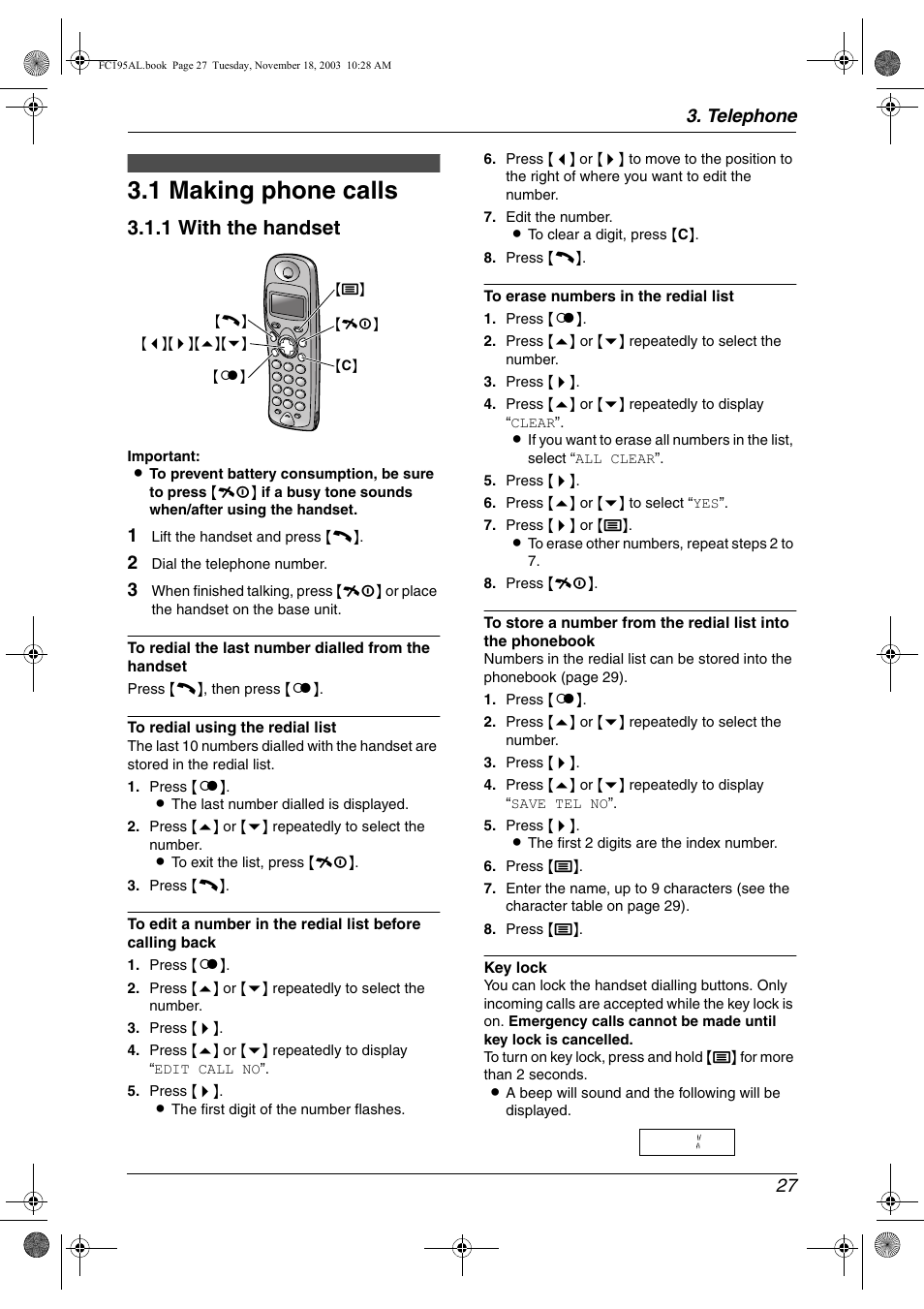Telephone, Making and answering calls, 1 making phone calls | Making phone calls, 1 making phone calls, 1 with the handset, Telephone 27 | Panasonic KX-FC195AL User Manual | Page 29 / 86