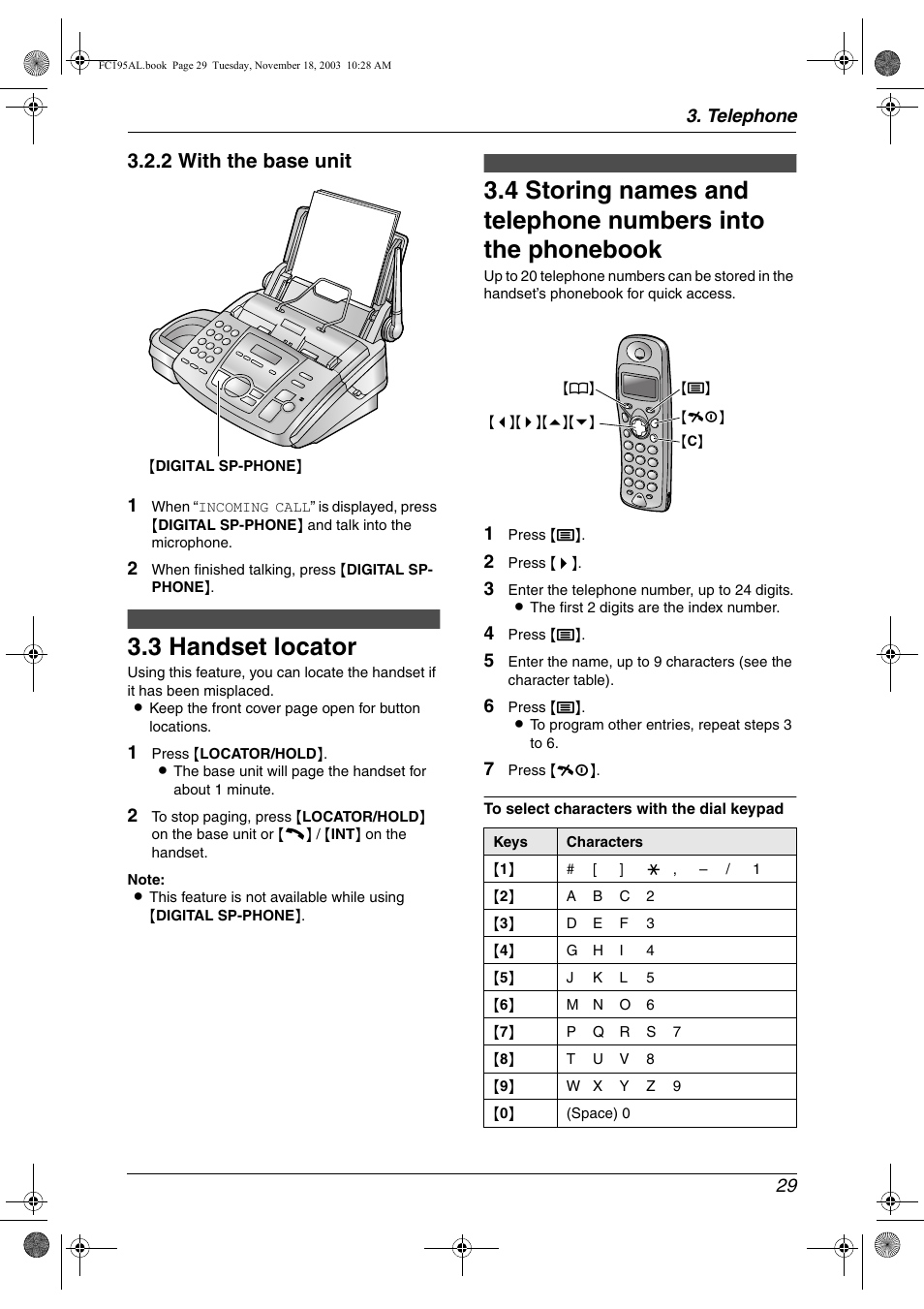 3 handset locator, Automatic dialling (handset), Handset locator | 3 handset locator, 2 with the base unit, Telephone 29 | Panasonic KX-FC195AL User Manual | Page 31 / 86