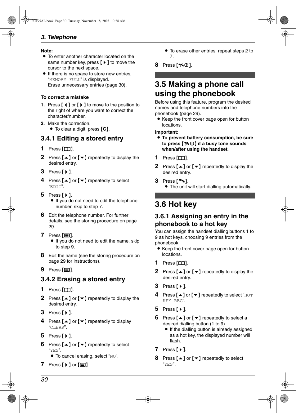 5 making a phone call using the phonebook, 6 hot key, Making a phone call using the phonebook | Hot key, 5 making a phone call using the phonebook, 6 hot key, 1 editing a stored entry, 2 erasing a stored entry, 1 assigning an entry in the phonebook to a hot key | Panasonic KX-FC195AL User Manual | Page 32 / 86