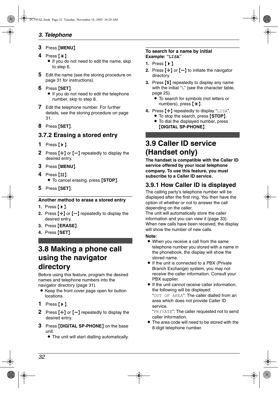 Caller id (handset only), 9 caller id service (handset only), Making a phone call using the navigator directory | Caller id service (handset only), 9 caller id service (handset only), 2 erasing a stored entry, 1 how caller id is displayed | Panasonic KX-FC195AL User Manual | Page 34 / 86