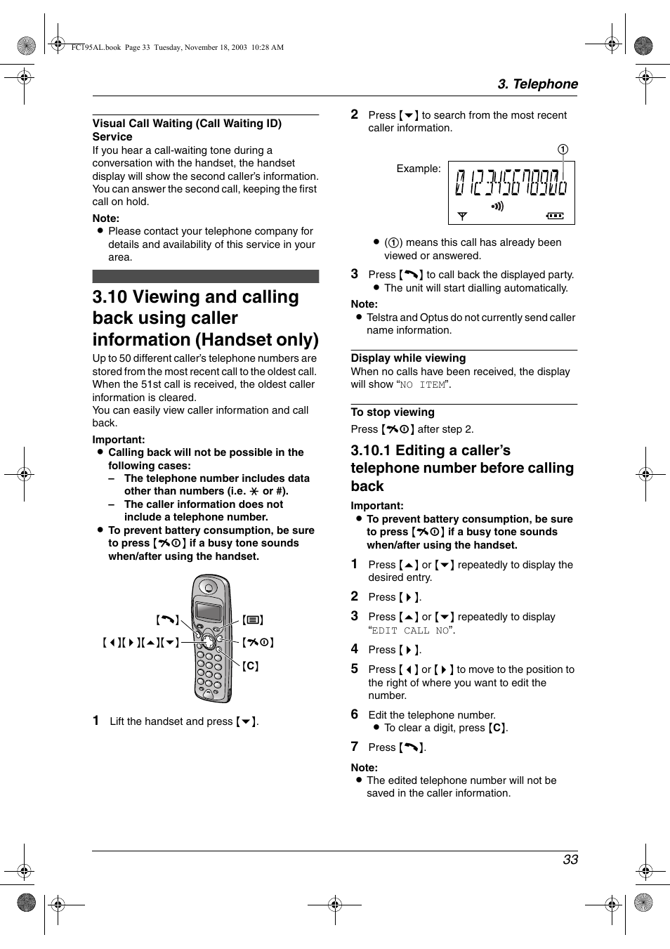 Viewing and calling back using caller, Information (handset only) | Panasonic KX-FC195AL User Manual | Page 35 / 86