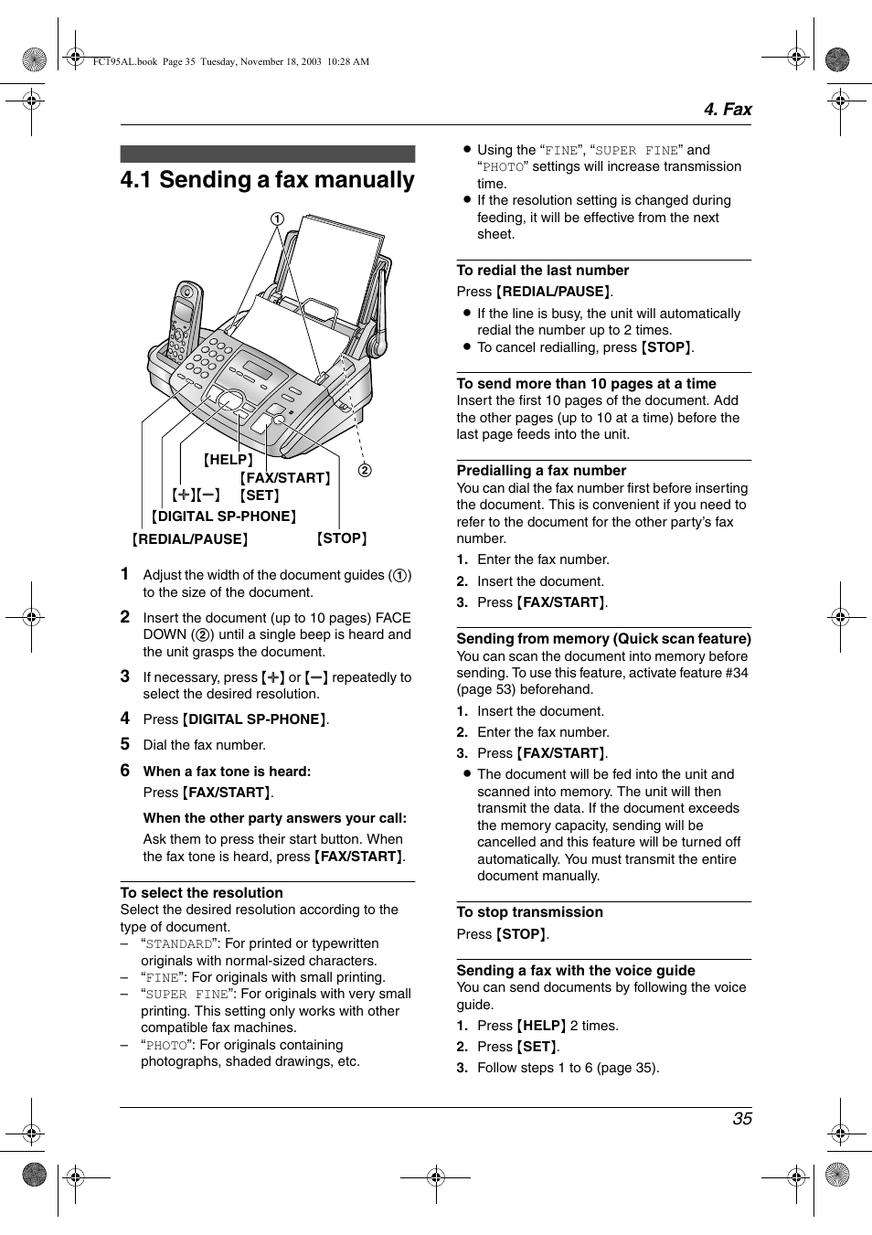 Sending faxes, 1 sending a fax manually, Sending a fax manually | 1 sending a fax manually, Fax 35 | Panasonic KX-FC195AL User Manual | Page 37 / 86