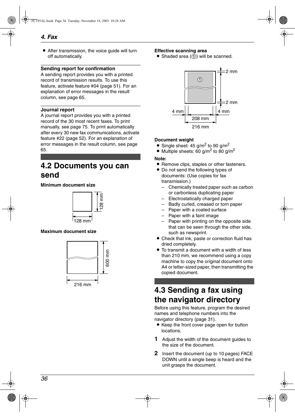 2 documents you can send, 3 sending a fax using the navigator directory, Documents you can send | Sending a fax using the navigator directory, 2 documents you can send, 3 sending a fax using the navigator directory, Fax 36 | Panasonic KX-FC195AL User Manual | Page 38 / 86