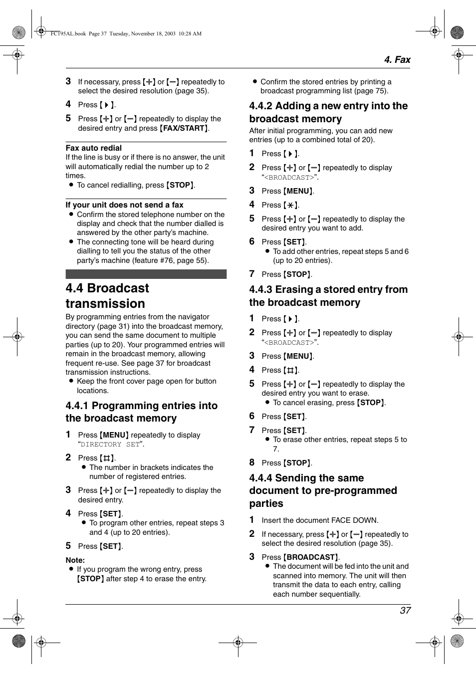 4 broadcast transmission, Broadcast transmission, 4 broadcast transmission | Panasonic KX-FC195AL User Manual | Page 39 / 86