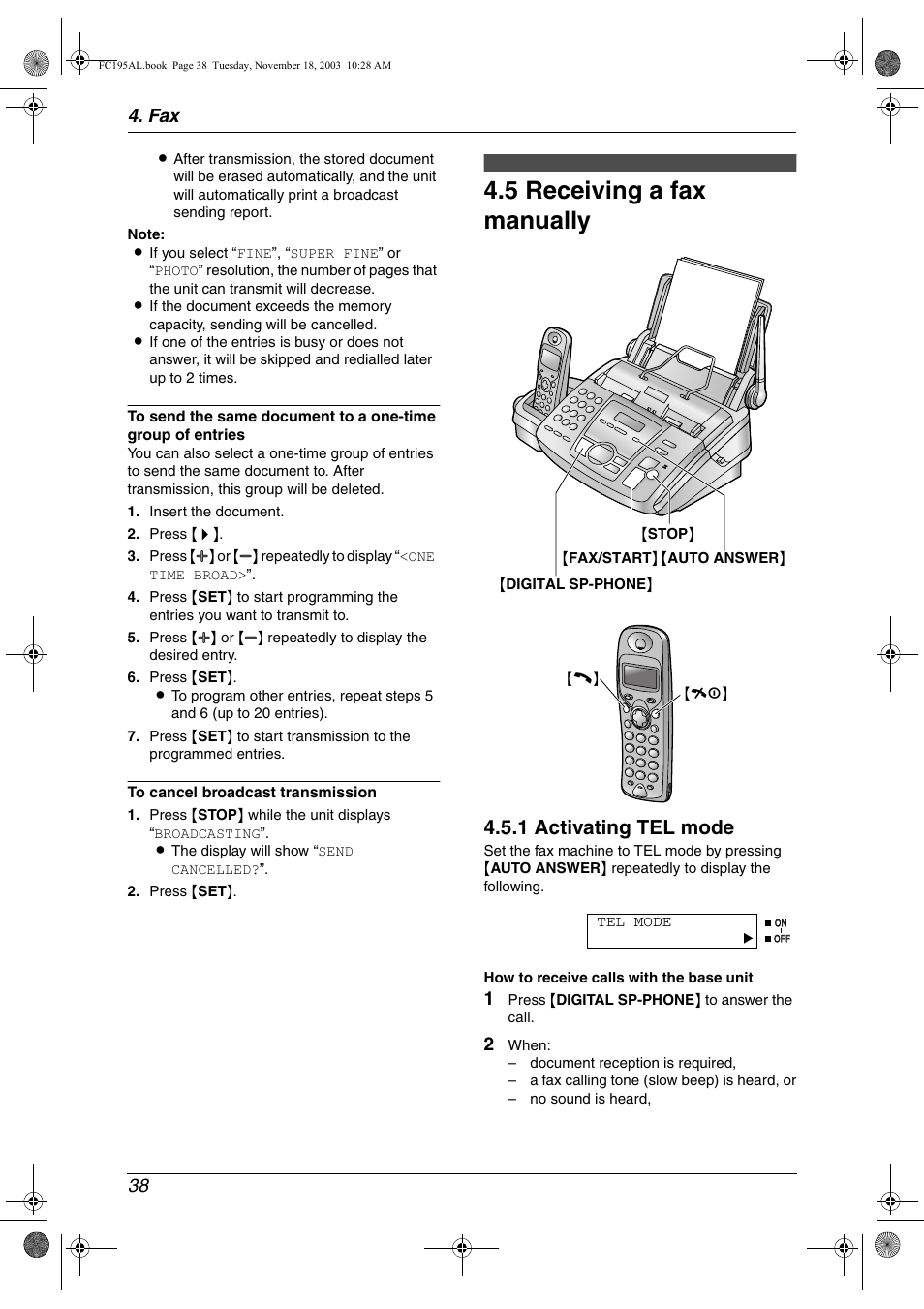 Receiving faxes, 5 receiving a fax manually, Receiving a fax manually | 5 receiving a fax manually, 1 activating tel mode, Fax 38 | Panasonic KX-FC195AL User Manual | Page 40 / 86