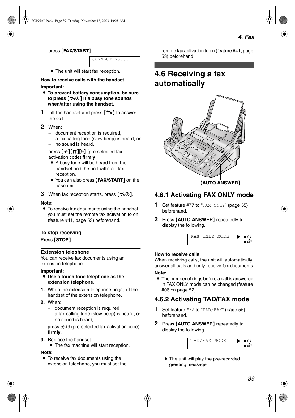 6 receiving a fax automatically, Receiving a fax automatically, 6 receiving a fax automatically | 1 activating fax only mode, 2 activating tad/fax mode, Fax 39 | Panasonic KX-FC195AL User Manual | Page 41 / 86