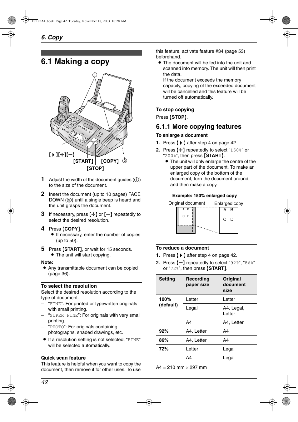 Copy, Copying, 1 making a copy | Making a copy, 1 making a copy, 1 more copying features, Copy 42 | Panasonic KX-FC195AL User Manual | Page 44 / 86