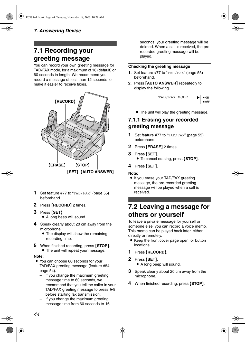 Answering device, Greeting, 1 recording your greeting message | Memo message, 2 leaving a message for others or yourself, Recording your greeting message, Leaving a message for others or yourself, 1 recording your greeting message, 2 leaving a message for others or yourself, 1 erasing your recorded greeting message | Panasonic KX-FC195AL User Manual | Page 46 / 86