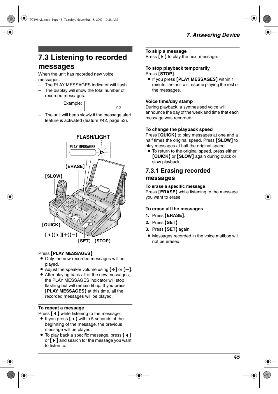 Incoming messages, 3 listening to recorded messages, Remote operation | Listening to recorded messages, 3 listening to recorded messages, 1 erasing recorded messages, Answering device 45, Flash/light | Panasonic KX-FC195AL User Manual | Page 47 / 86