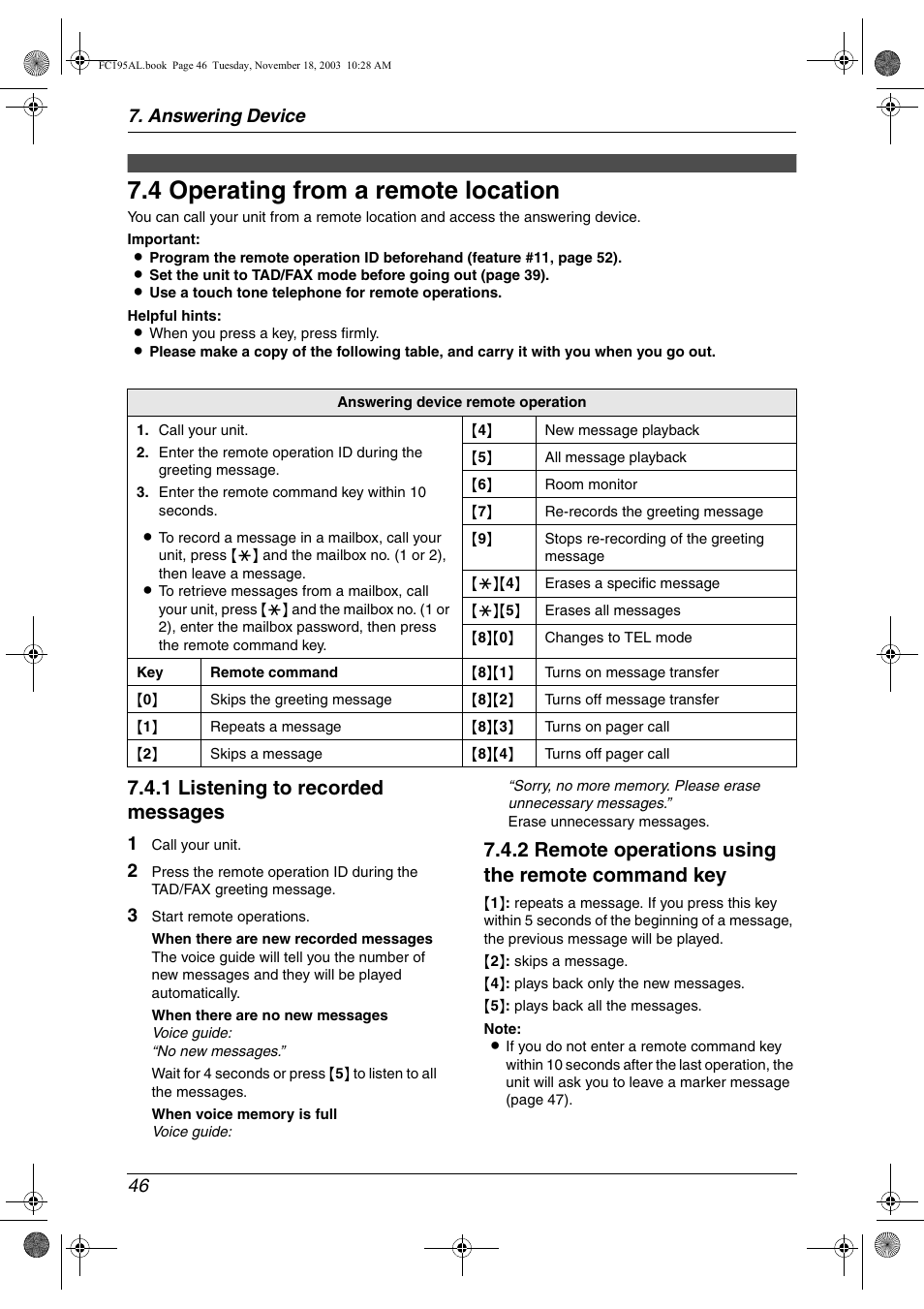 4 operating from a remote location, Operating from a remote location, 4 operating from a remote location | 1 listening to recorded messages, 2 remote operations using the remote command key, Answering device 46 | Panasonic KX-FC195AL User Manual | Page 48 / 86