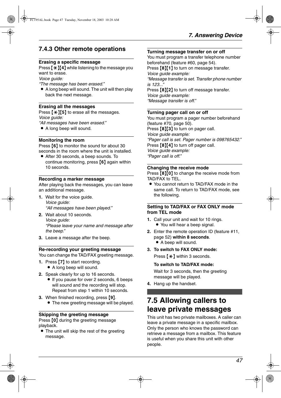 Voice mailbox, 5 allowing callers to leave private messages, Allowing callers to leave private messages | 5 allowing callers to leave private messages, 3 other remote operations, Answering device 47 | Panasonic KX-FC195AL User Manual | Page 49 / 86